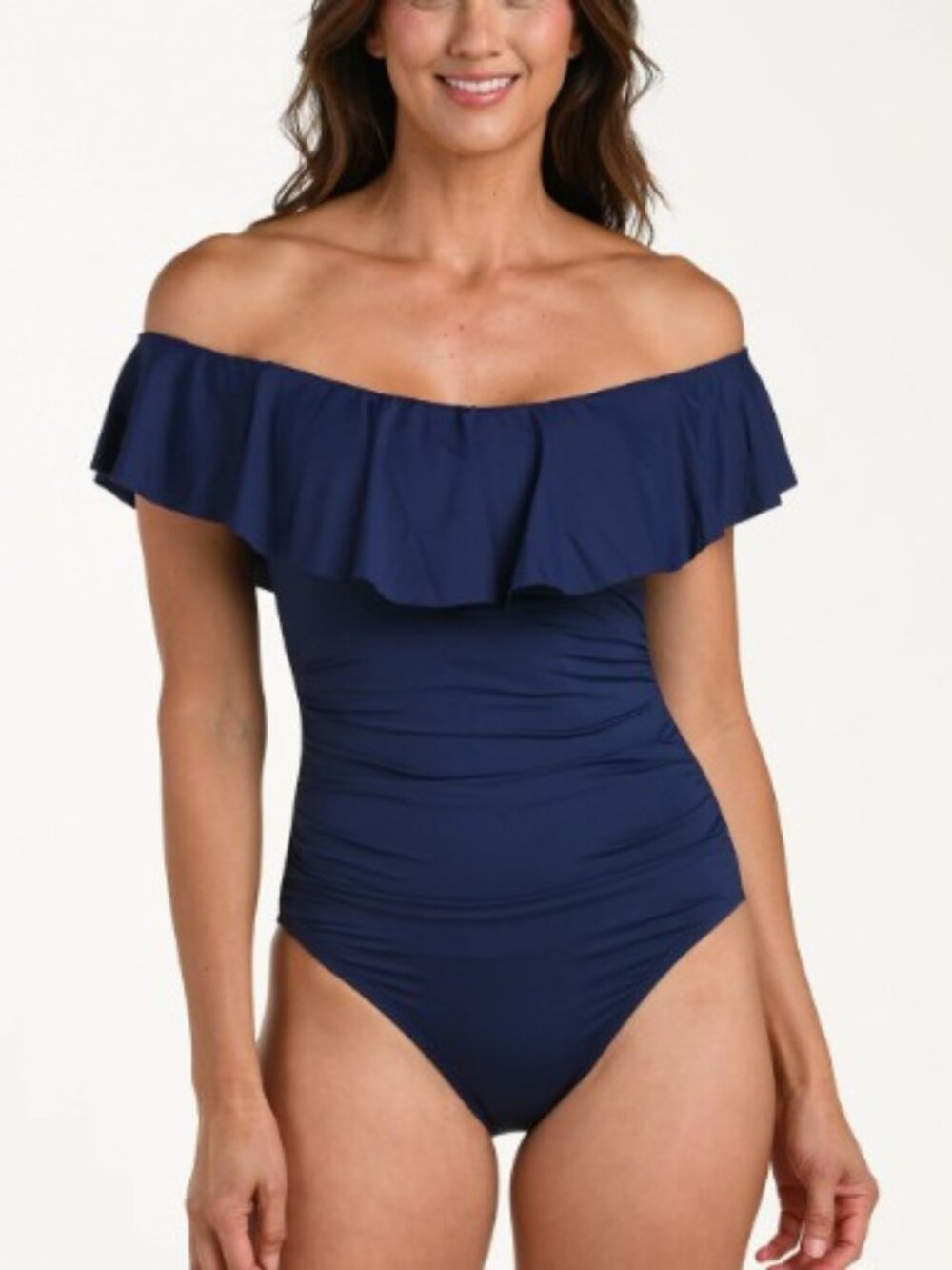 NWT - La Blanca Island Goddess Off Shoulder Ruffle One Piece Swimsuit in Indigo